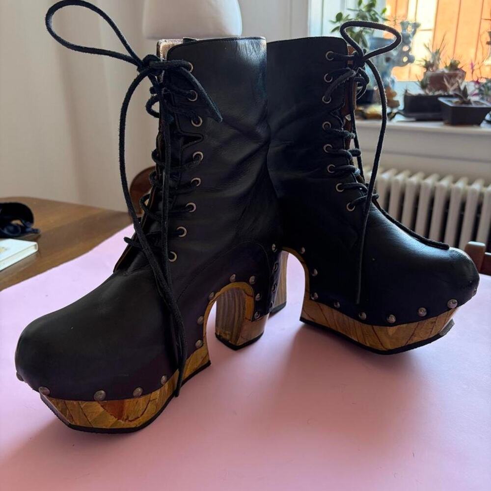 Fluevog Black Leather Wood Platform Ankle Boots